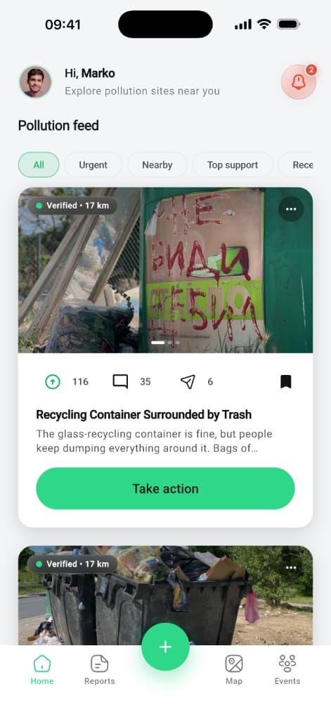Почетен feed на Chisto.mk со верификувани места на загадување и копче Земи акција.