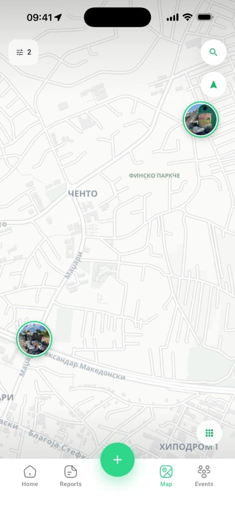 Екран со мапа на Chisto.mk со верификувани пријави за загадување како фото пинови.